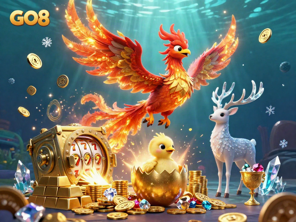 Experience the thrill at GO8 with a stunning phoenix illustration amid golden gambling treasures.