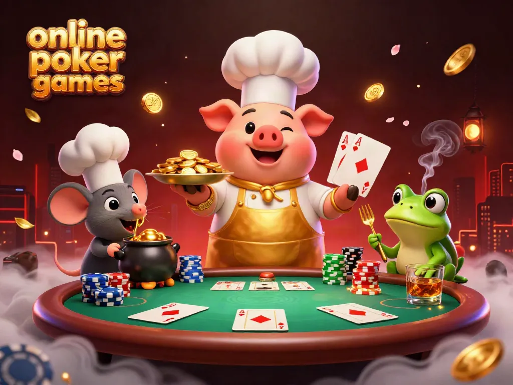 Engage in thrilling online poker games with dynamic characters, winning hands, and vibrant gameplay elements.