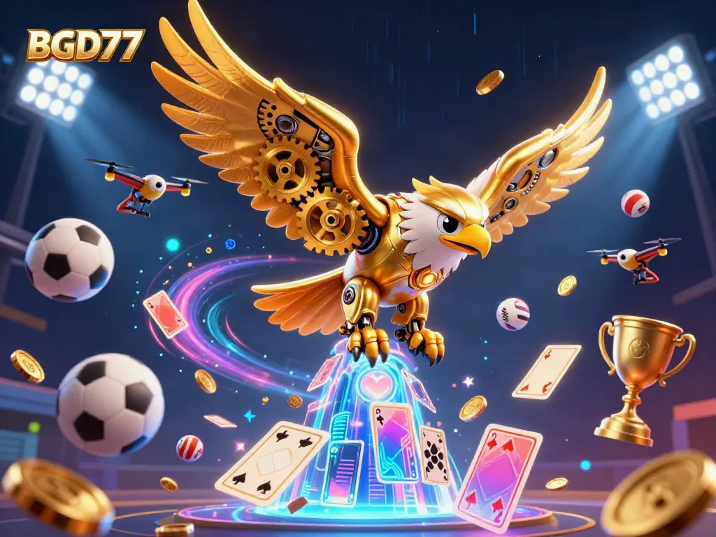 Experience the thrill of betting with BGD77's animated golden eagle diving through holographic cards and sports elements.
