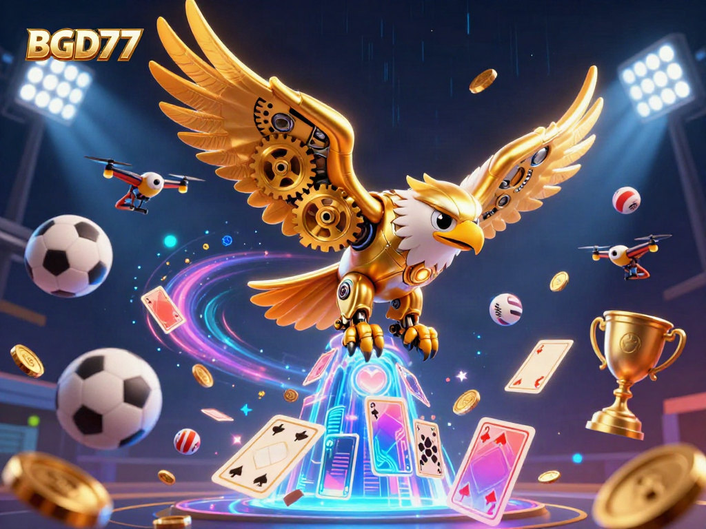 Experience the thrill of betting with BGD77's animated golden eagle diving through holographic cards and sports elements.