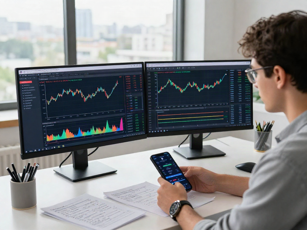 Couponeau sur écran d'ordinateur avec graphiques et alertes sur le trading dans un bureau moderne.