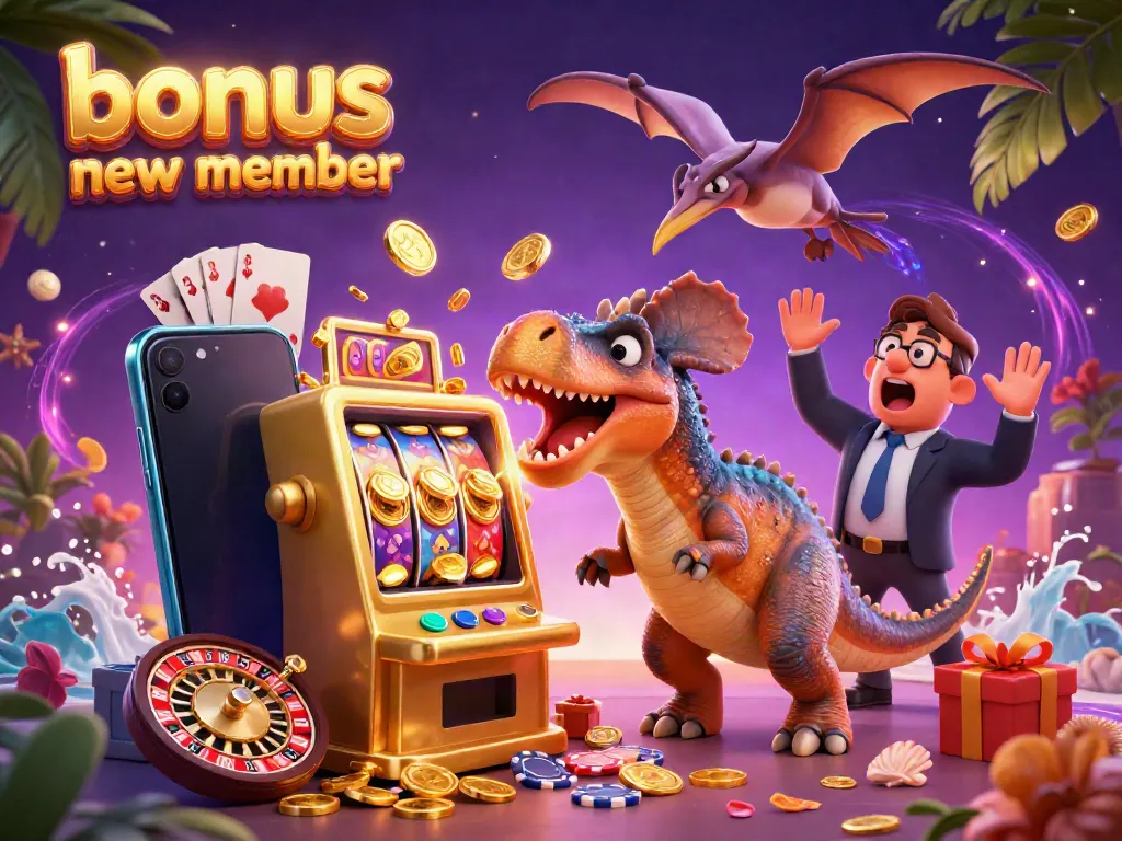Exciting 3D scene illustrating a pachycephalosaurus and an ankylosaurus promoting the bonus new member slot game, surrounded by coins and gaming elements.