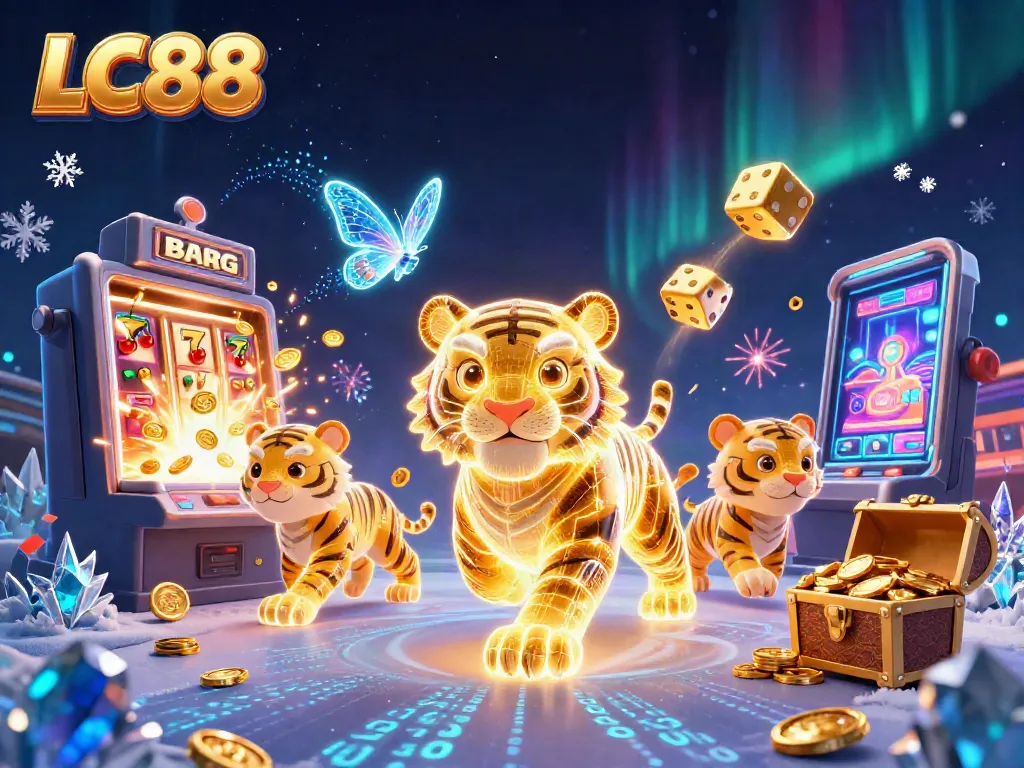 Play LC88 slots with vibrant visuals and exciting jackpot elements in this illustrated scene.