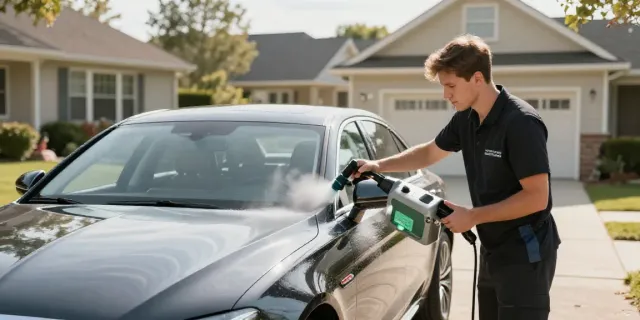 Le Cercle Automobile service cleaning a luxury vehicle at home, showcasing detailing expertise.