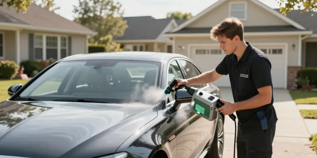 Le Cercle Automobile service cleaning a luxury vehicle at home, showcasing detailing expertise.