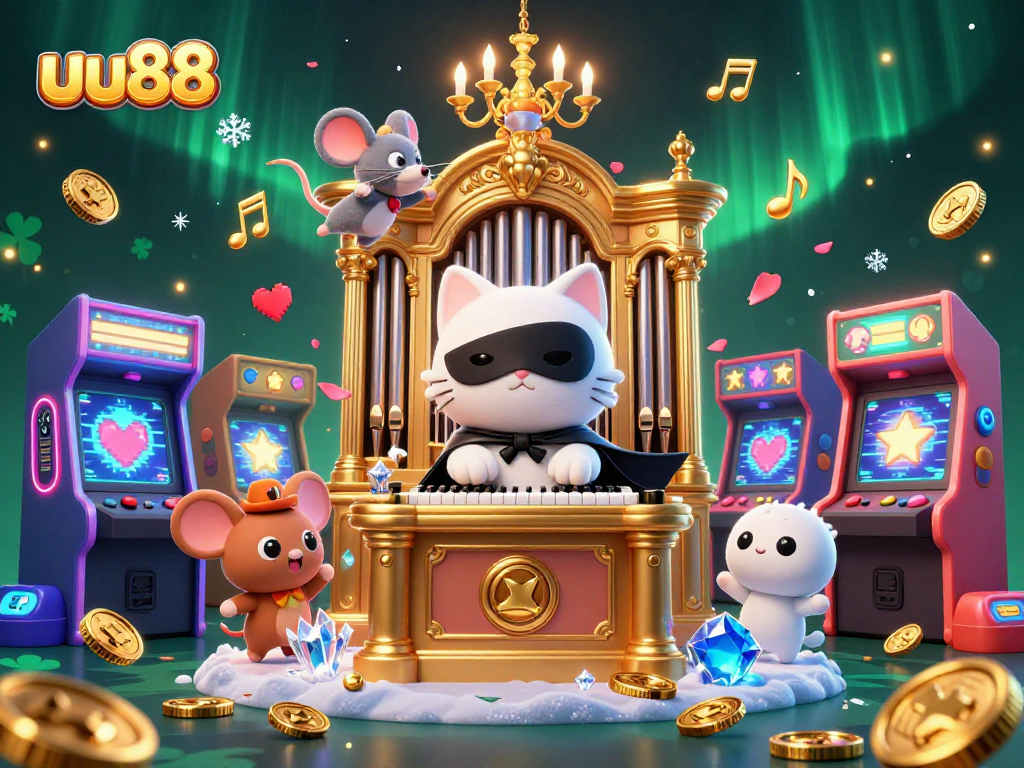 Experience thrilling wins at uu88 with a vibrant, animated casino scene featuring a white cat and colorful game elements.