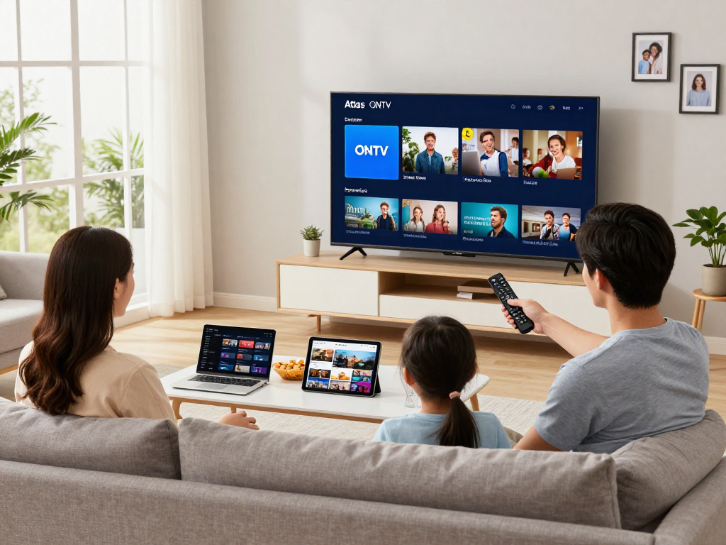 Famille profitant du service Atlas Pro ONTV dans un salon moderne avec Smart TV.