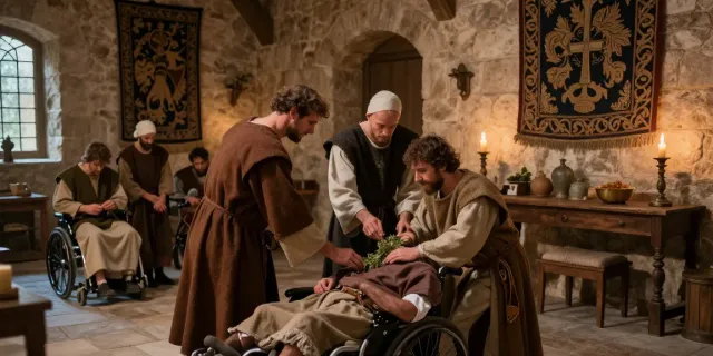 Scène historique de l'histoire de l'ordre militaire et hospitalier de Saint-Lazare de Jérusalem, hospitaliers en train de soigner des patients.