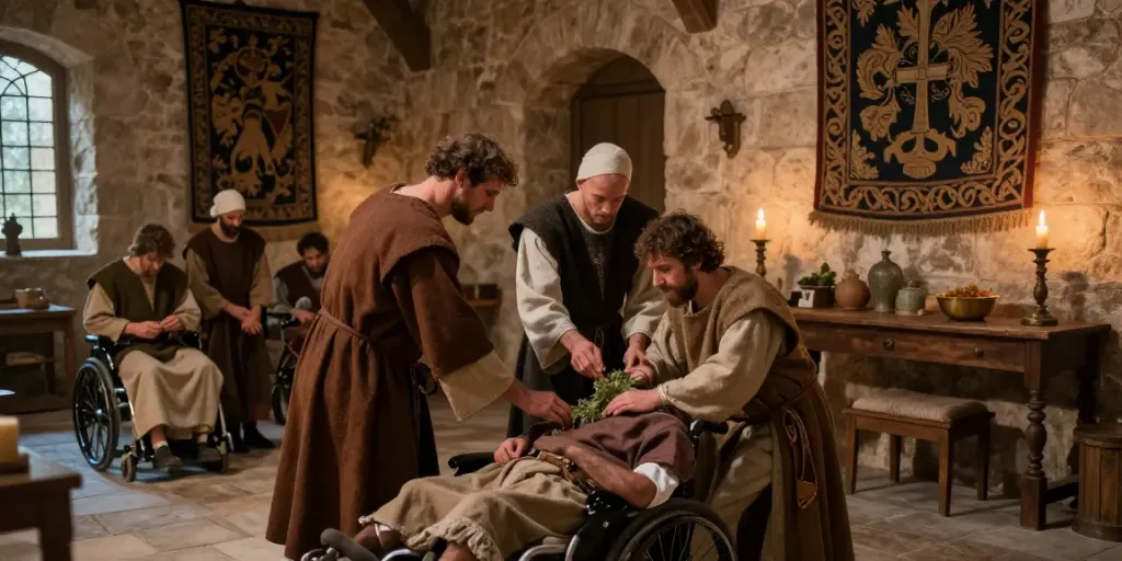 Scène historique de l'histoire de l'ordre militaire et hospitalier de Saint-Lazare de Jérusalem, hospitaliers en train de soigner des patients.