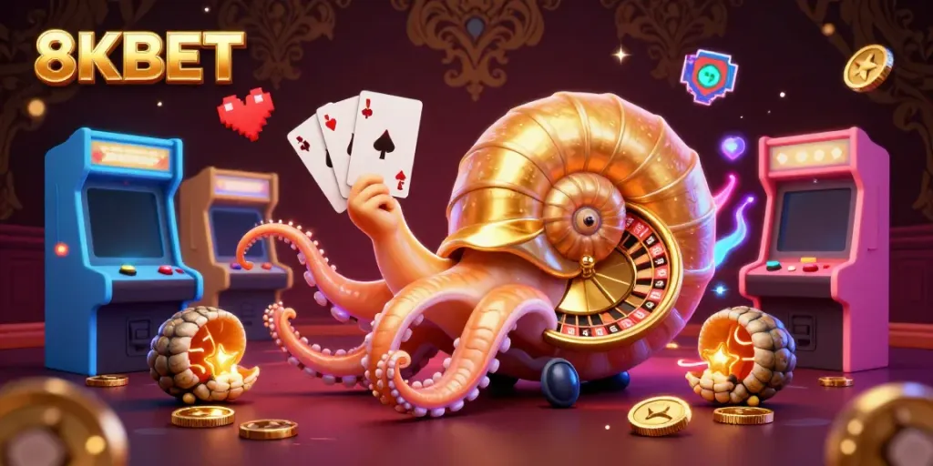 Experience thrilling gameplay at 8KBET with a giant nautilus roulette wheel and glowing gaming elements.