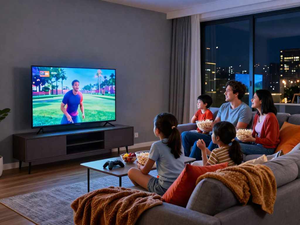 Family enjoying movie night with Iron TV in a modern living room, cozy atmosphere, vibrant decorations.