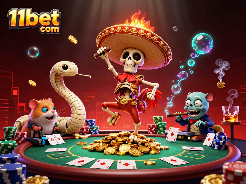 Engage with 11bet com's casino fun featuring a triumphant rooster, a snake of gold, and a DJ hamster celebrating wins.