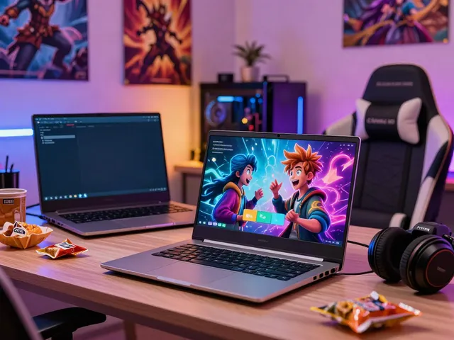 Engaging NSFW AI chat scene on a gaming laptop with colorful characters and cozy setup.