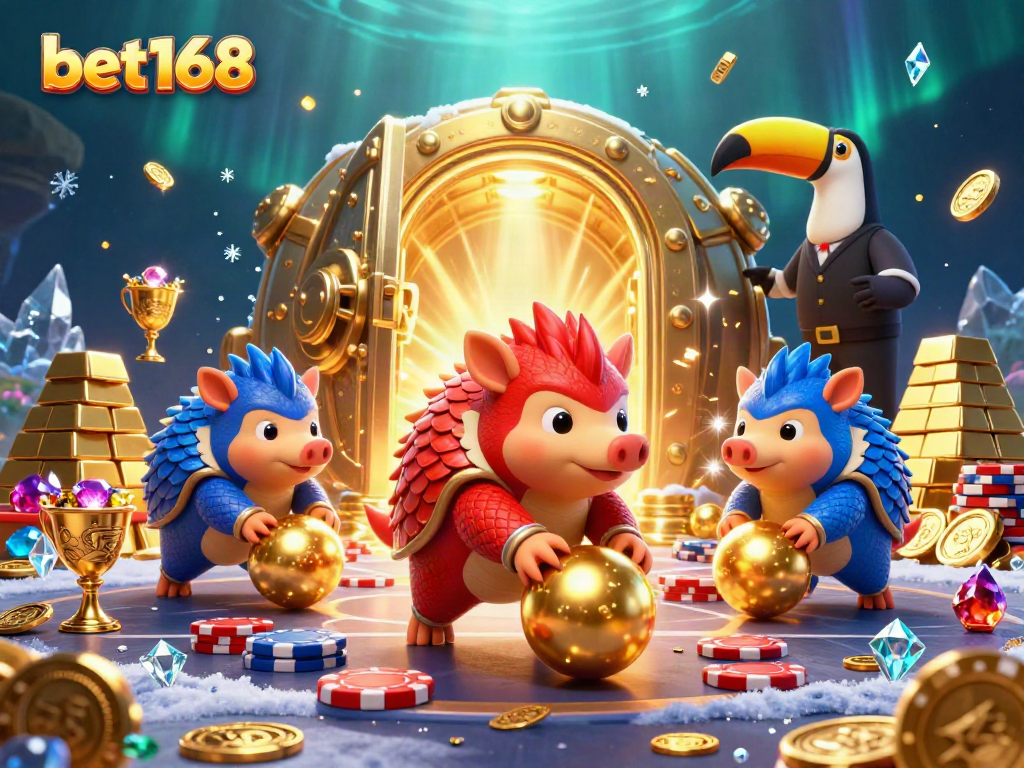 Experience vibrant betting excitement with bet168 featuring rival pangolins rolling through poker chips.