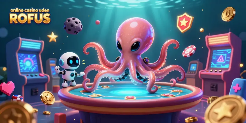 Engage with thrilling gameplay at online casino uden ROFUS, featuring a vibrant alien octopus and poker elements.