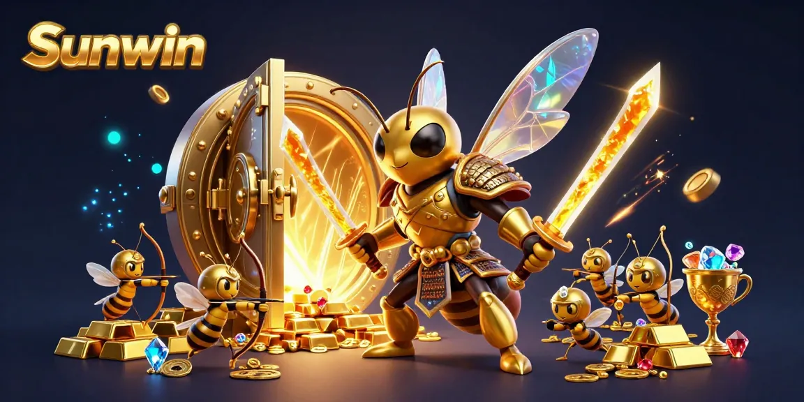 Sunwin offers immersive casino experiences with a vibrant 3D illustration of a golden hornet warrior amidst treasures.