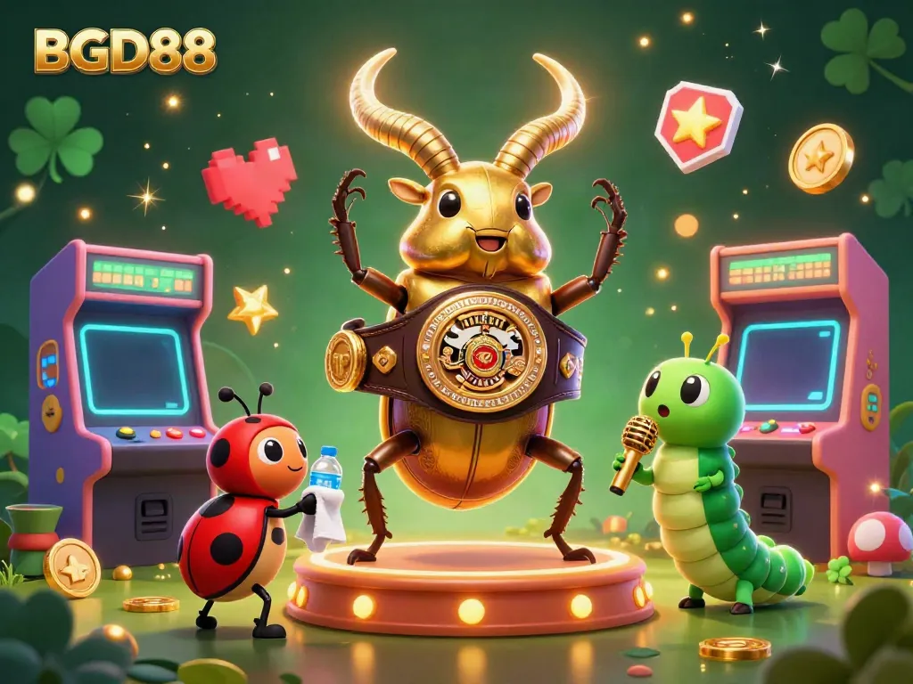 BGD88 showcases a giant golden stag beetle in a boxing champion belt, amidst vibrant gambling elements.