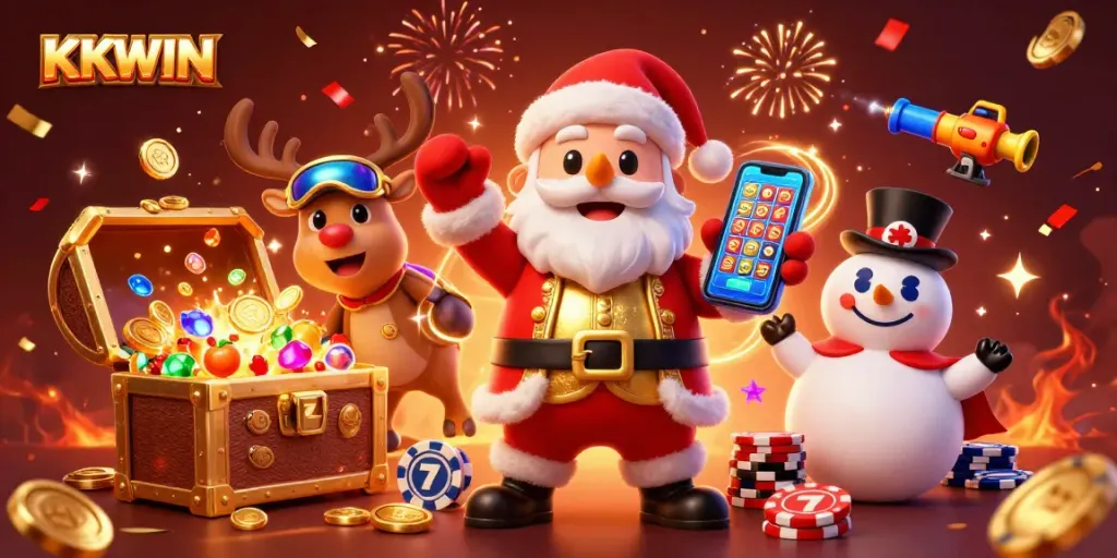 KKWIN slot theme illustration featuring Santa, reindeer dealer, and chip-top hat snowman.